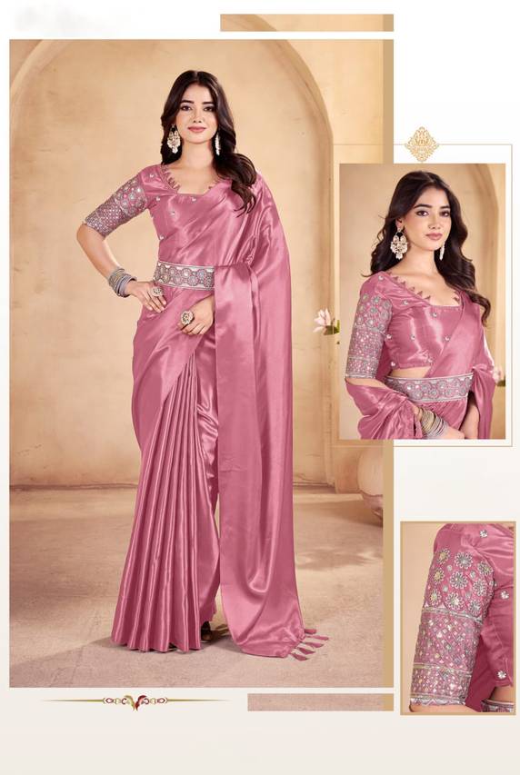Embroidered Bollywood Satin Saree  (Pink)